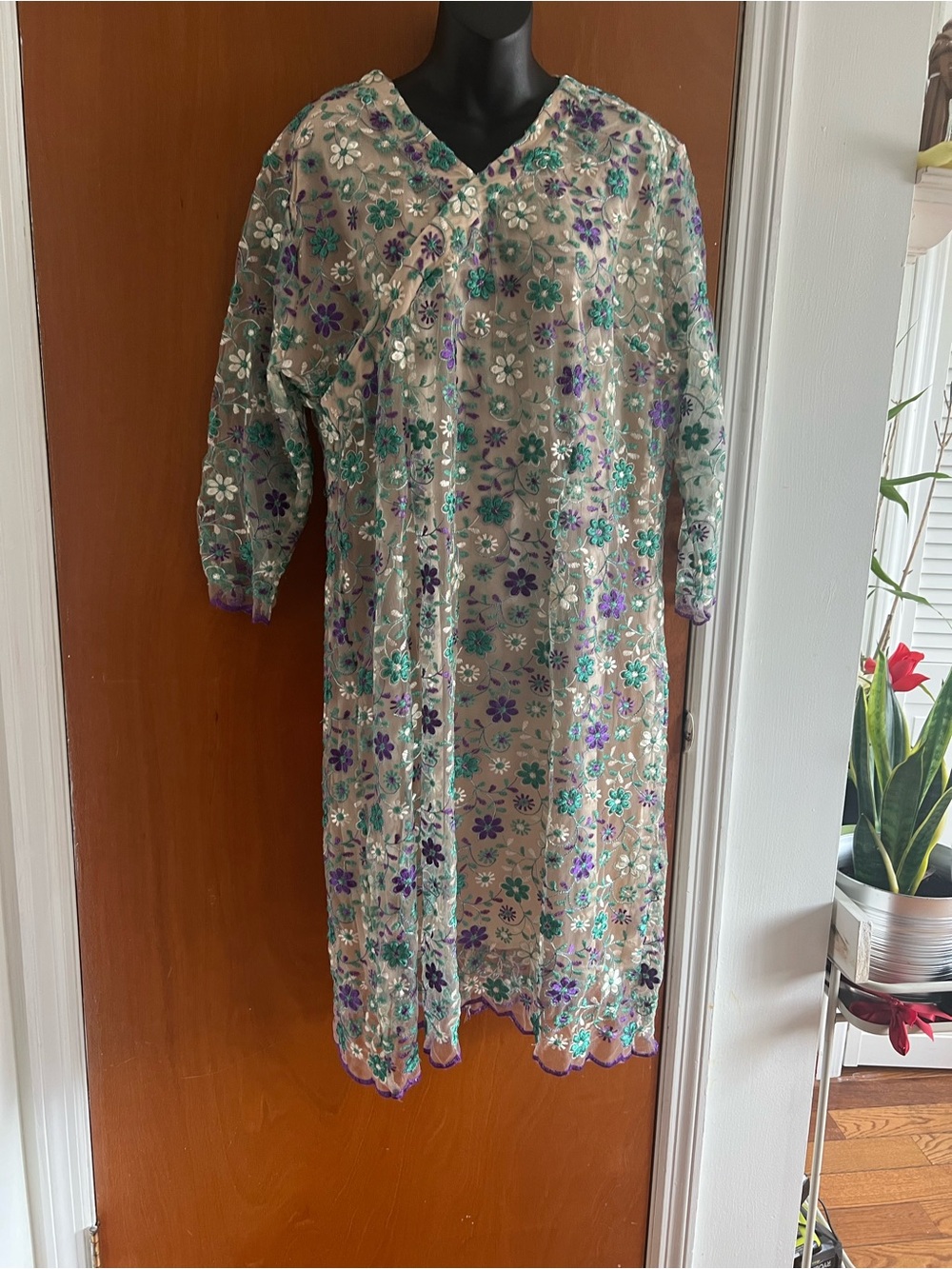 TAO YIZHUAI Sheer Embroidered Floral Dress - Teal, Purple, Cream